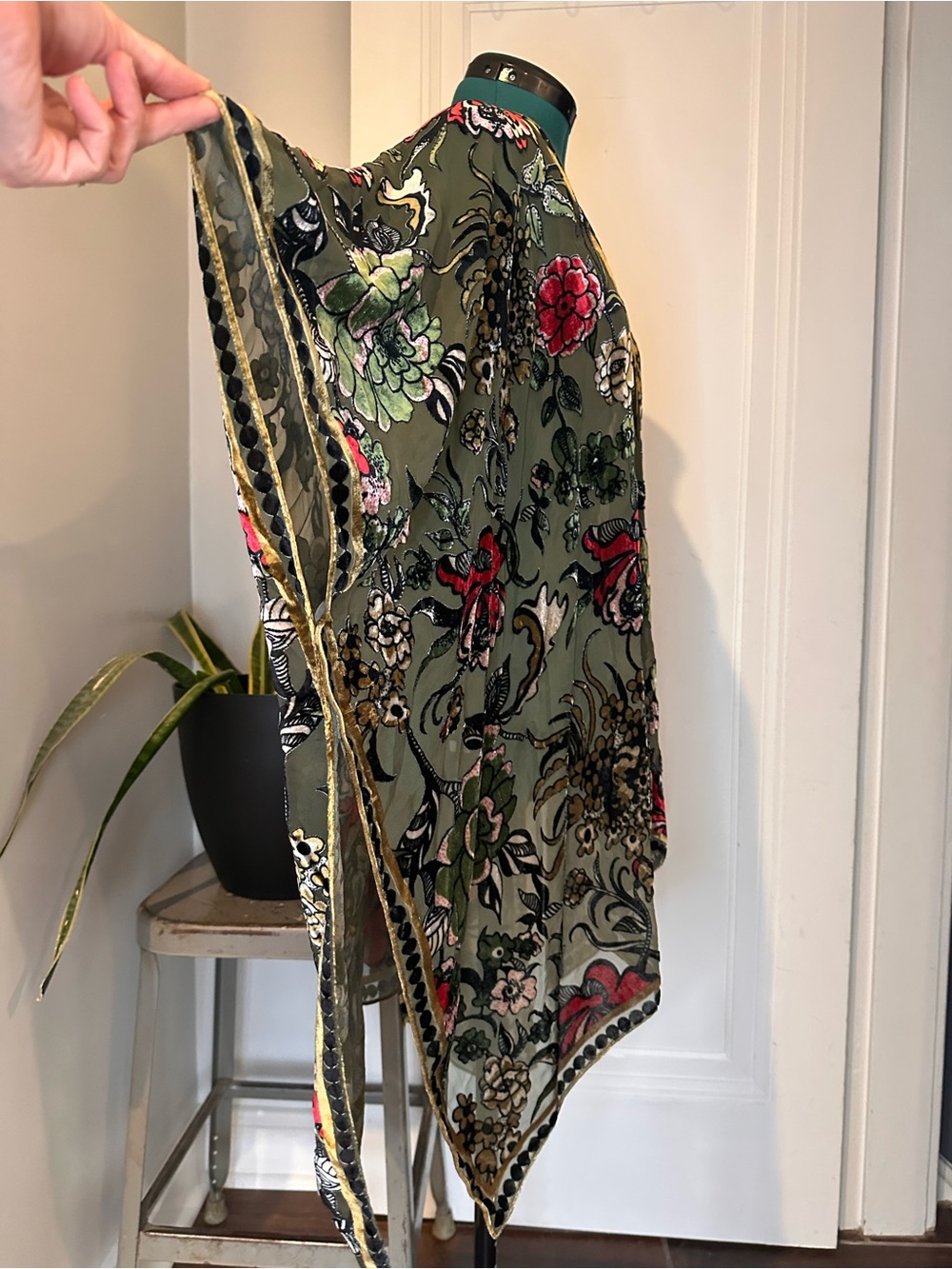 Olive Floral Embroidered Sheer Kimono with Red & Green Accents one size - Picture 5 of 11